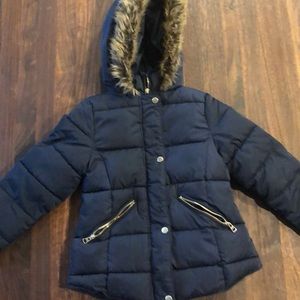 Zara Kids Navy Puffer Coat with Faux Fur Trim size 8